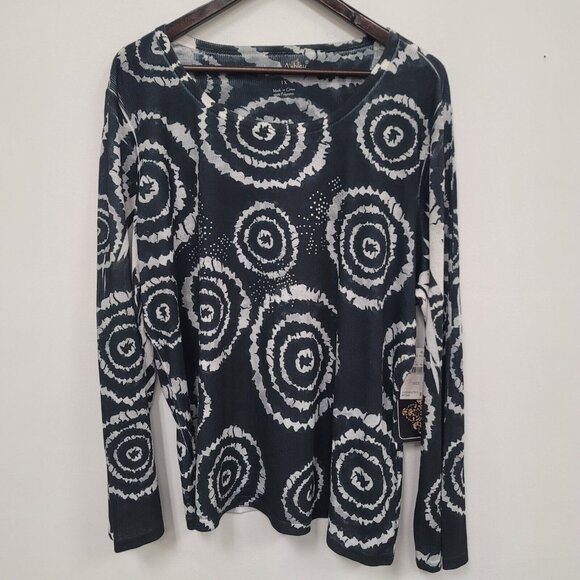 Jane Ashley Psychedelic Ribbed Artsy Top Size 1X Y2K Phoebe Jeweled Long Sleeve - Picture 1 of 10